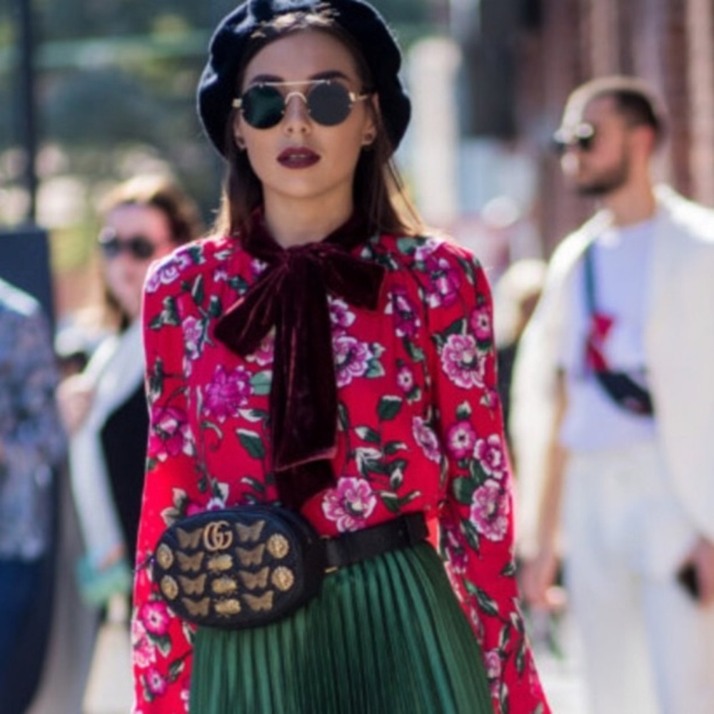 Zara Red Floral Blouse Velvet Bow